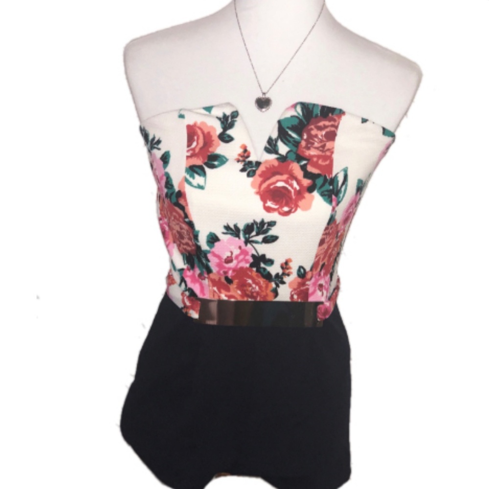 NWOT Floral Strapless Romper With Gold Waist Belt